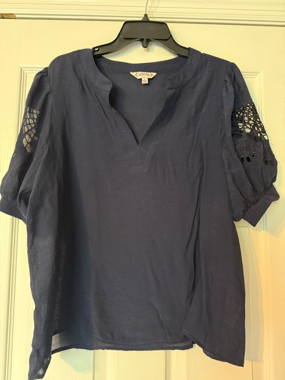 Nanette Baby Navy Crochet Puff-Sleeve Blouse